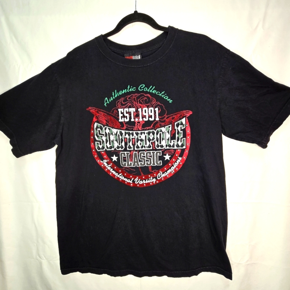 Southpole Authentic Collection Classic Black Graphic T- Shirt With Felt Texture